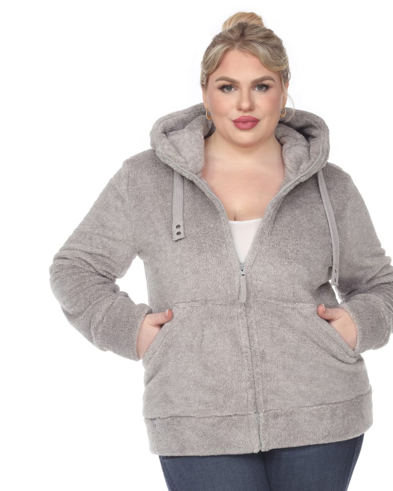 Front of a model wearing a size 2X Hooded Sherpa Jacket in Grey by White Mark. | dia_product_style_image_id:247258